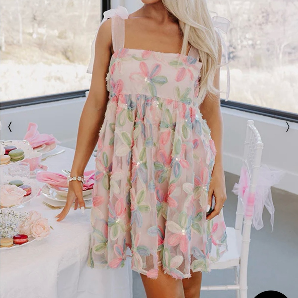 Pastel Floral Sheer Tie-Shoulder Dress - Pink Multi - Picture 5 of 10